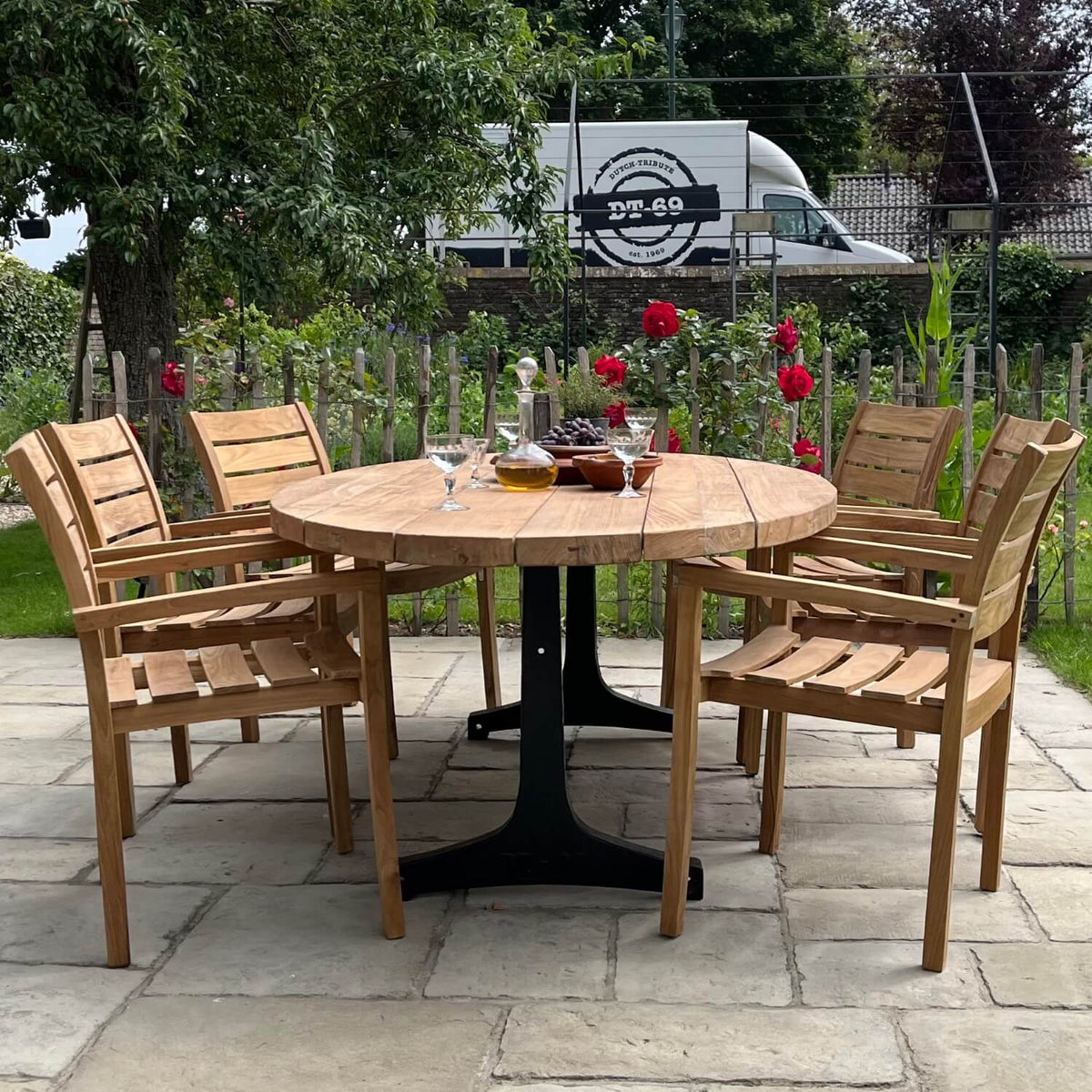 Industrial design teak oval garden table with iron table legs – T14
