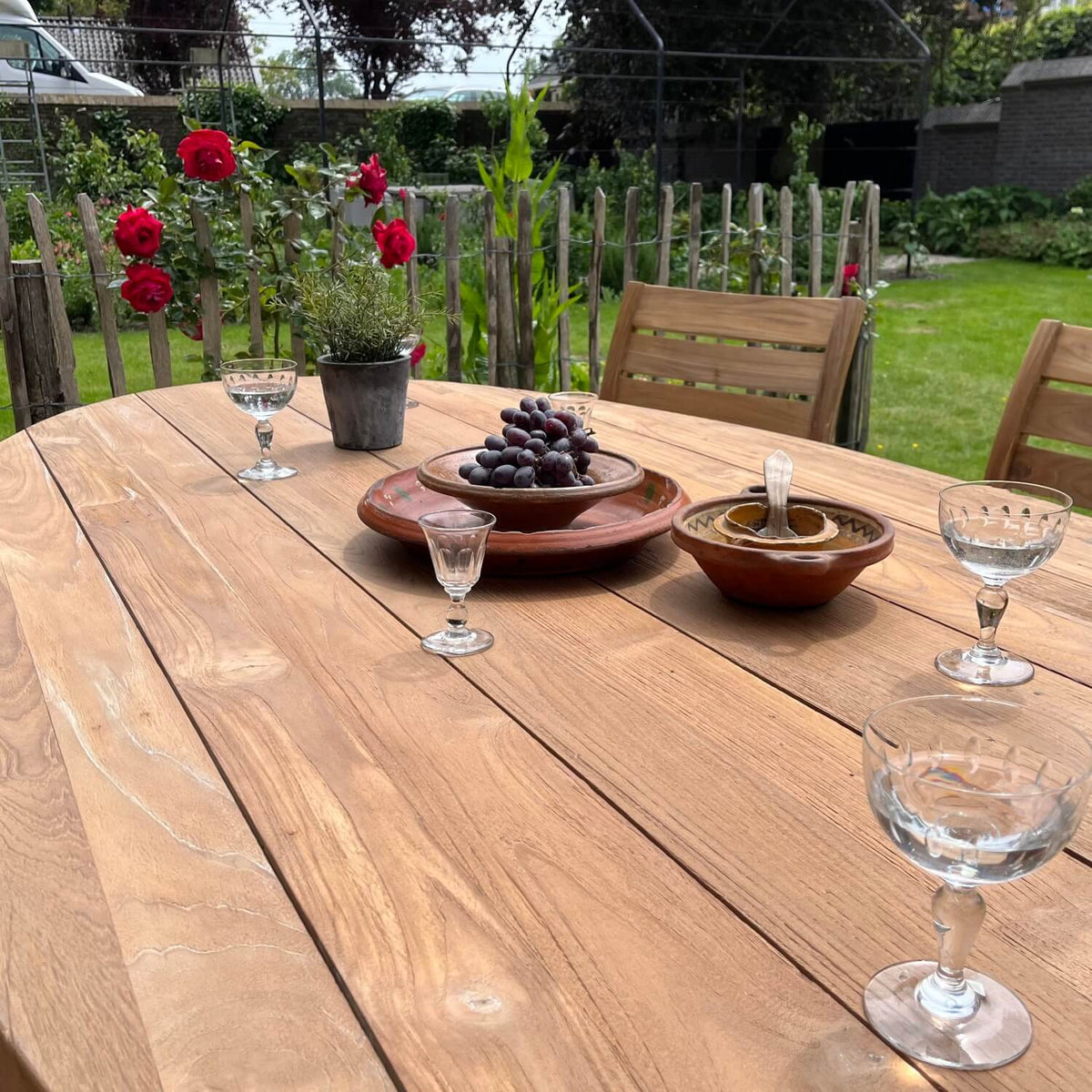 Industrial design teak oval garden table with iron table legs – T14