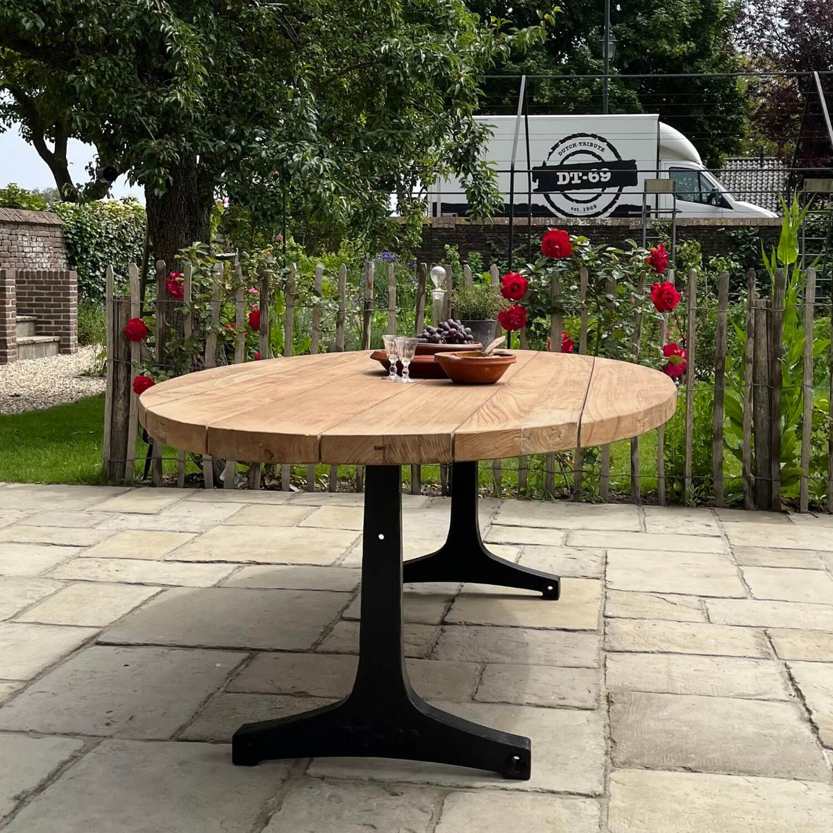 Industrial design teak oval garden table with iron table legs – T14