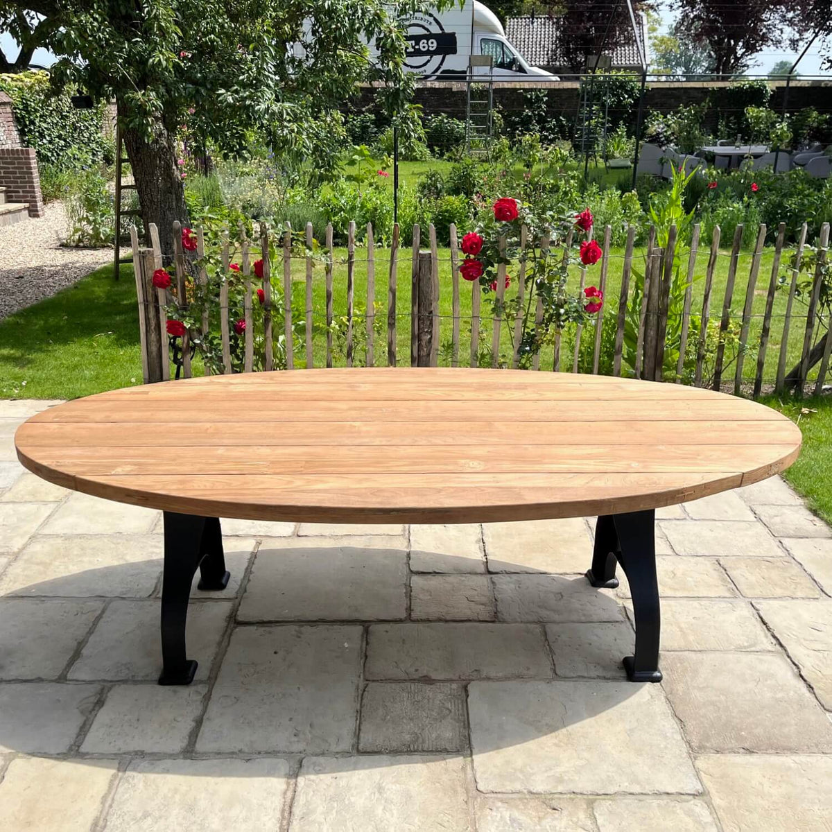 Industrial design teak oval garden table with iron table legs – T15