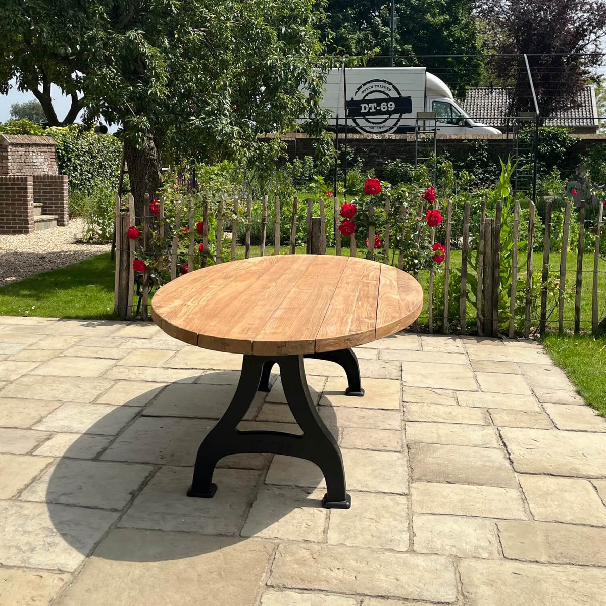 Industrial design teak oval garden table with iron table legs – T15