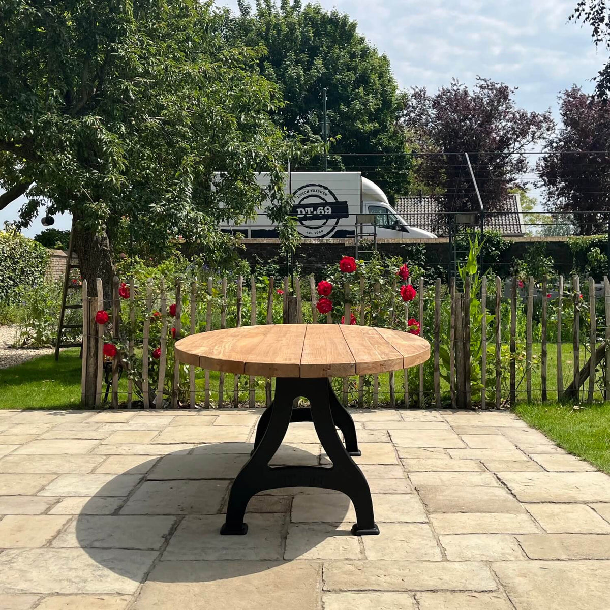 Industrial design teak oval garden table with iron table legs – T15