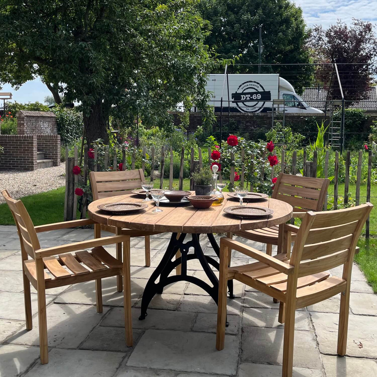 Round Industrial design teak garden table with iron table legs – T17
