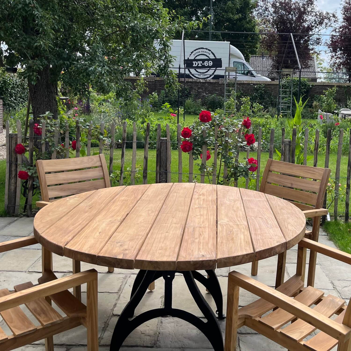 Round Industrial design teak garden table with iron table legs – T17