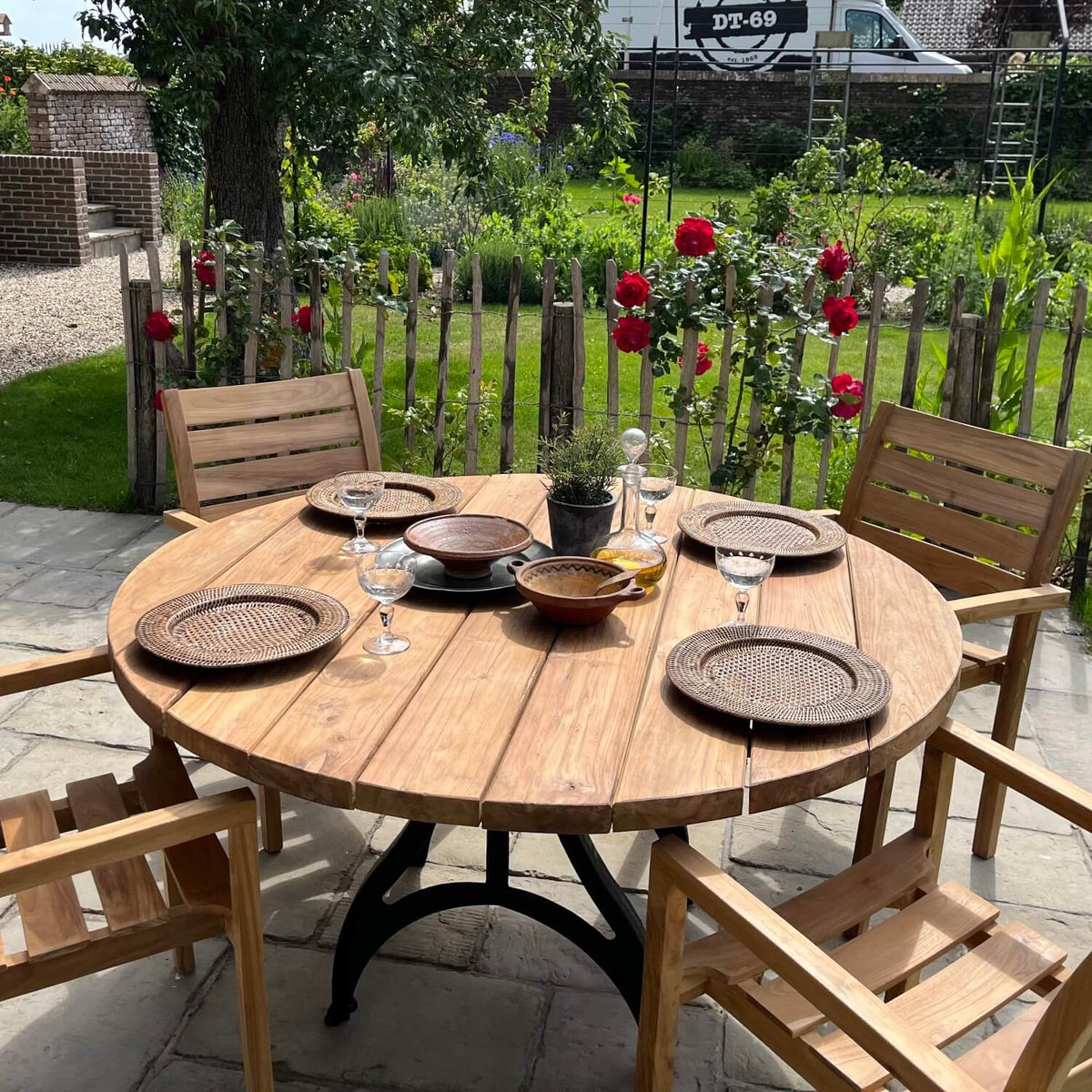 Round Industrial design teak garden table with iron table legs – T17