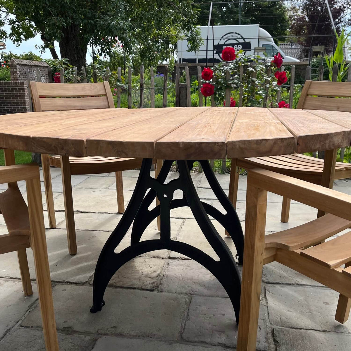 Round Industrial design teak garden table with iron table legs – T17