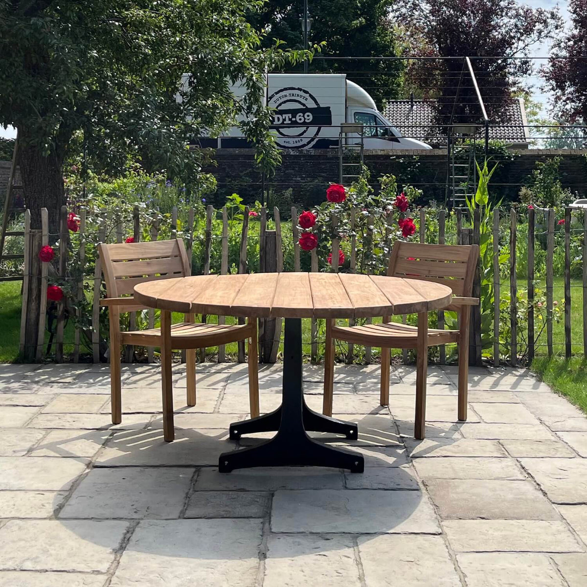 Round Industrial design teak garden table with iron table legs – T18