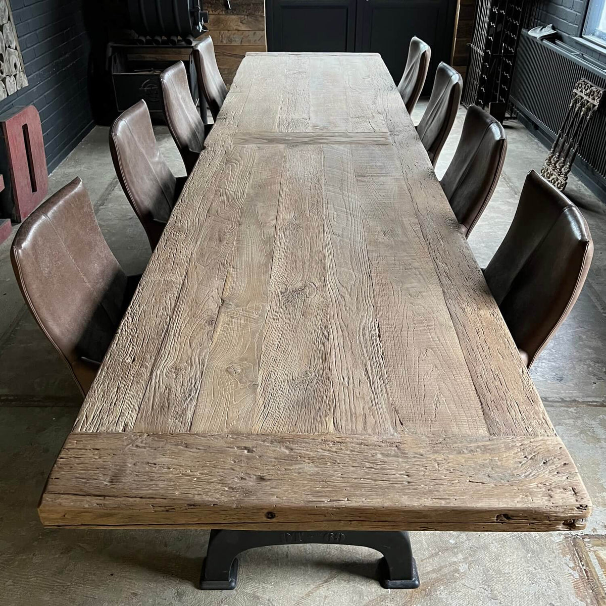 Long industrial design table with iron legs – thick old oak – IND401