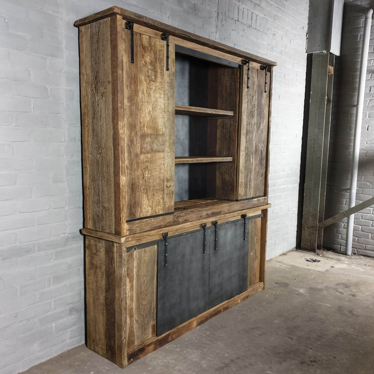 Industrial cupboard in reclaimed oak with steel sliding doors – D004