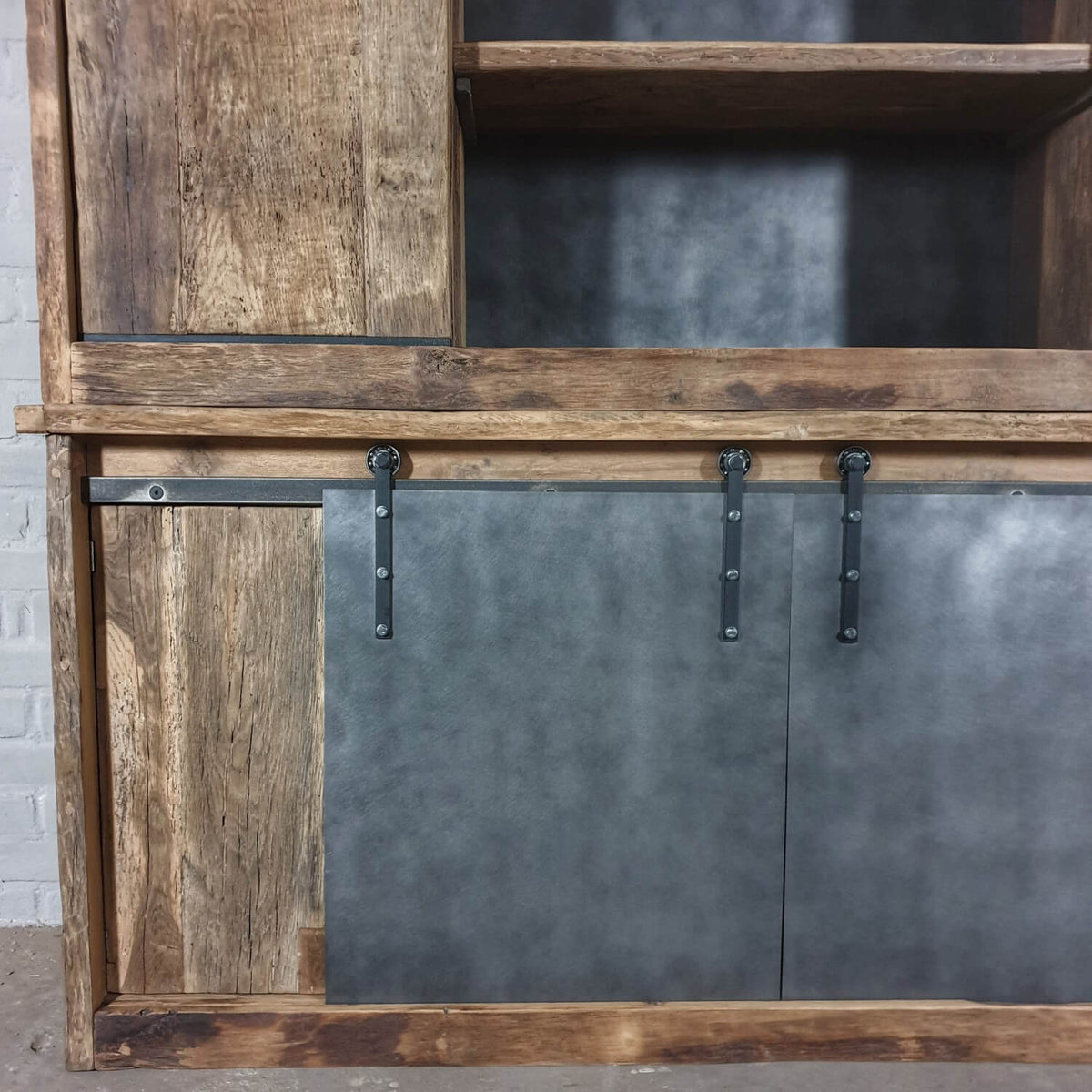Industrial cupboard in reclaimed oak with steel sliding doors – D004