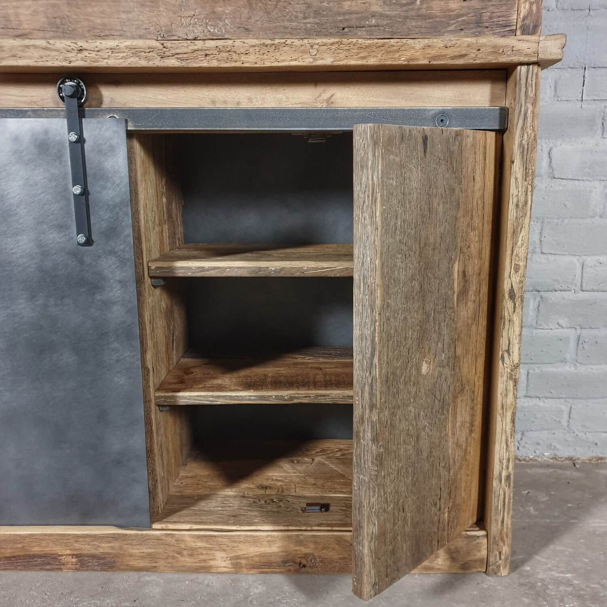 Industrial cupboard in reclaimed oak with steel sliding doors – D004