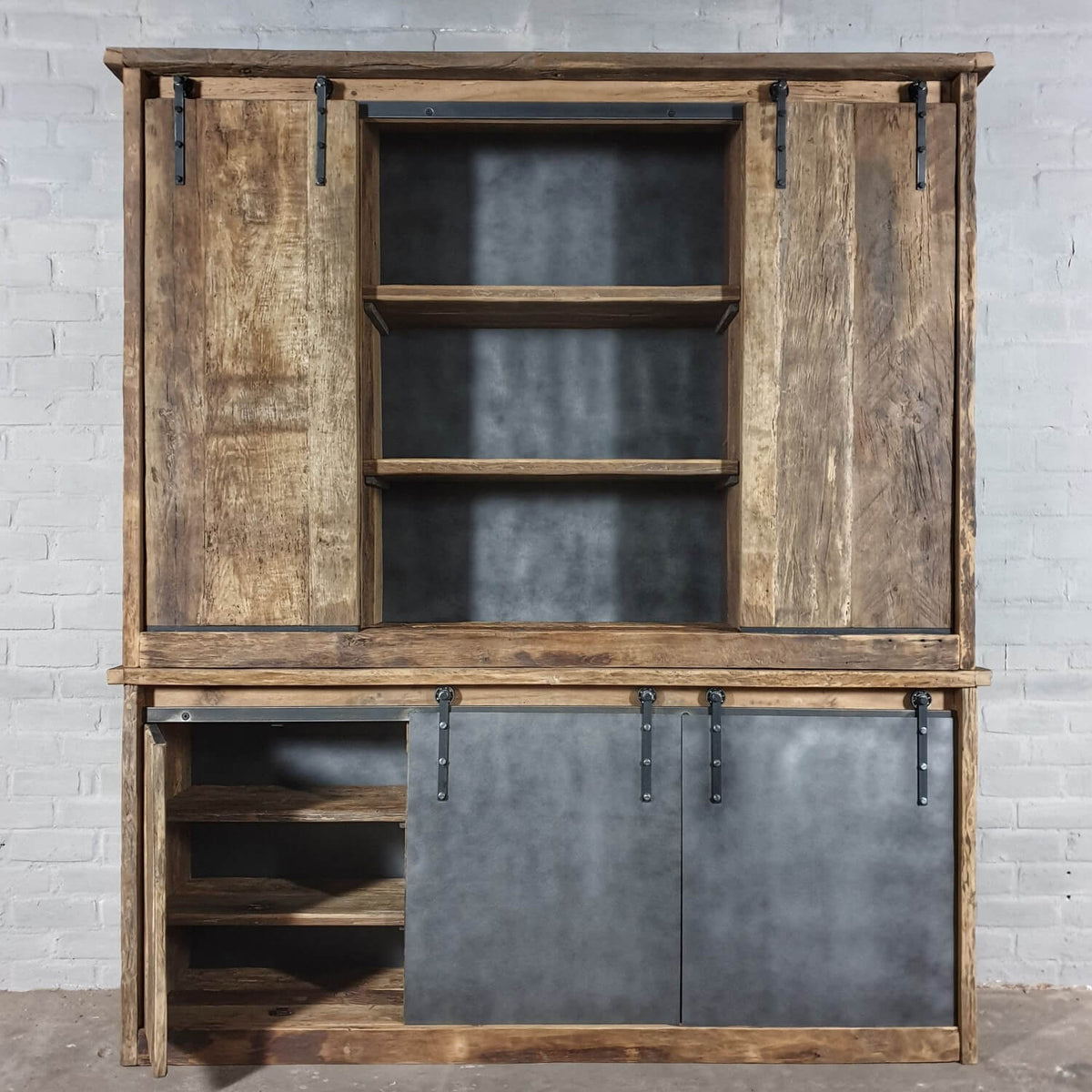 Industrial cupboard in reclaimed oak with steel sliding doors – D004