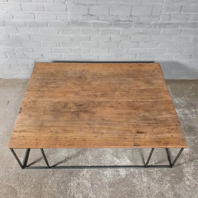 Industrial design coffee table – wood and thin steel base – IND770