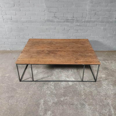 Industrial design coffee table – wood and thin steel base – IND770