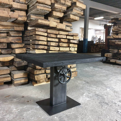 Industrial design bistro table – height adjustable base – charred reclaimed oak tabletop – IND782