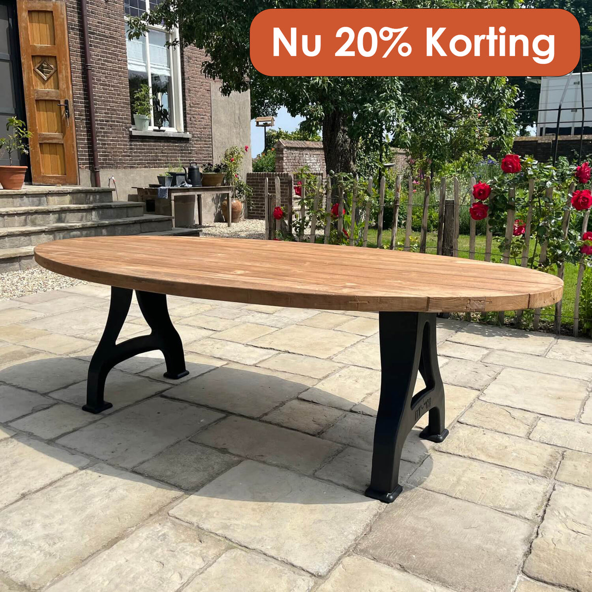 Industrial design teak oval garden table with iron table legs – T15