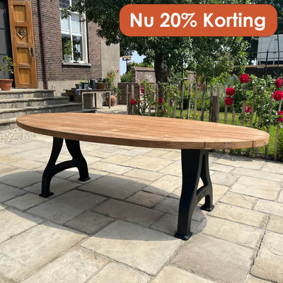 Industrial design teak oval garden table with iron table legs – T15