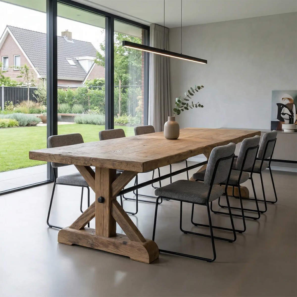 Landelijke eiken kloostertafel gemaakt van hergebruikt oud eikenhout