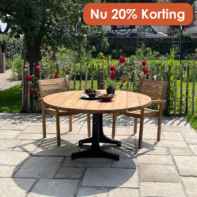 Round Industrial design teak garden table with iron table legs – T18