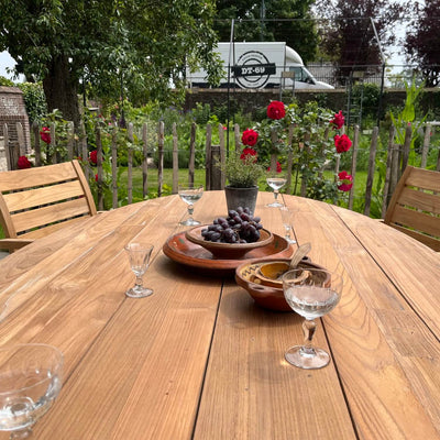 Industrial design teak oval garden table with iron table legs – T14