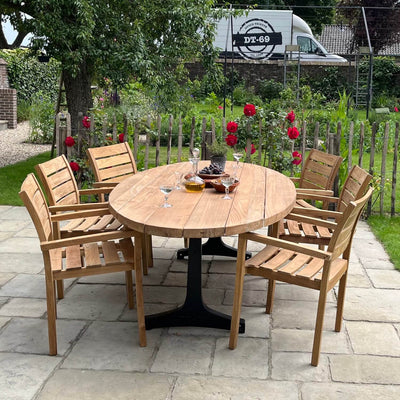 Industrial design teak oval garden table with iron table legs – T14