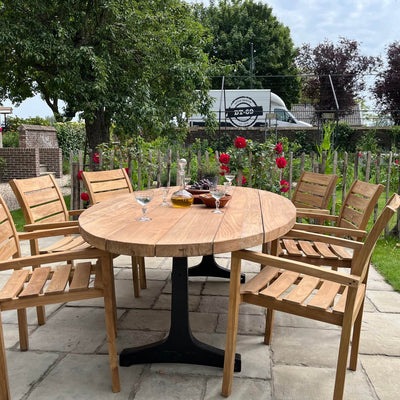 Industrial design teak oval garden table with iron table legs – T14
