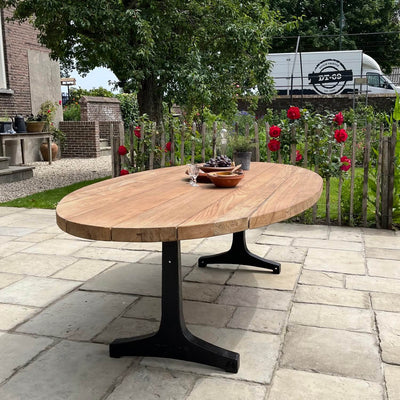 Industrial design teak oval garden table with iron table legs – T14