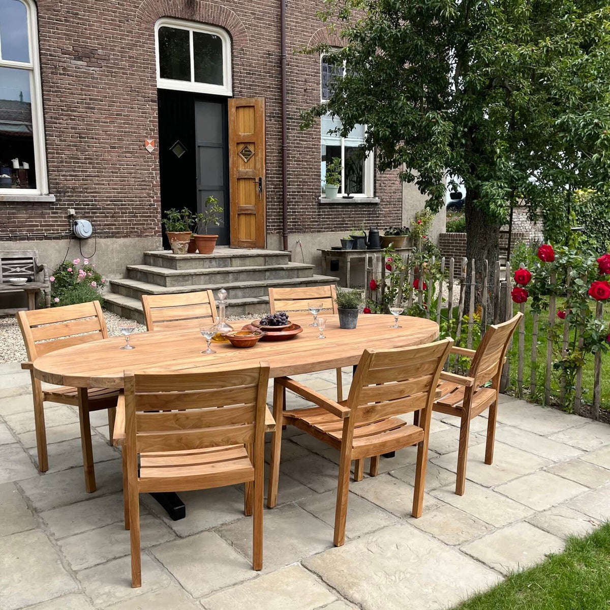 Industrial design teak oval garden table with iron table legs – T14
