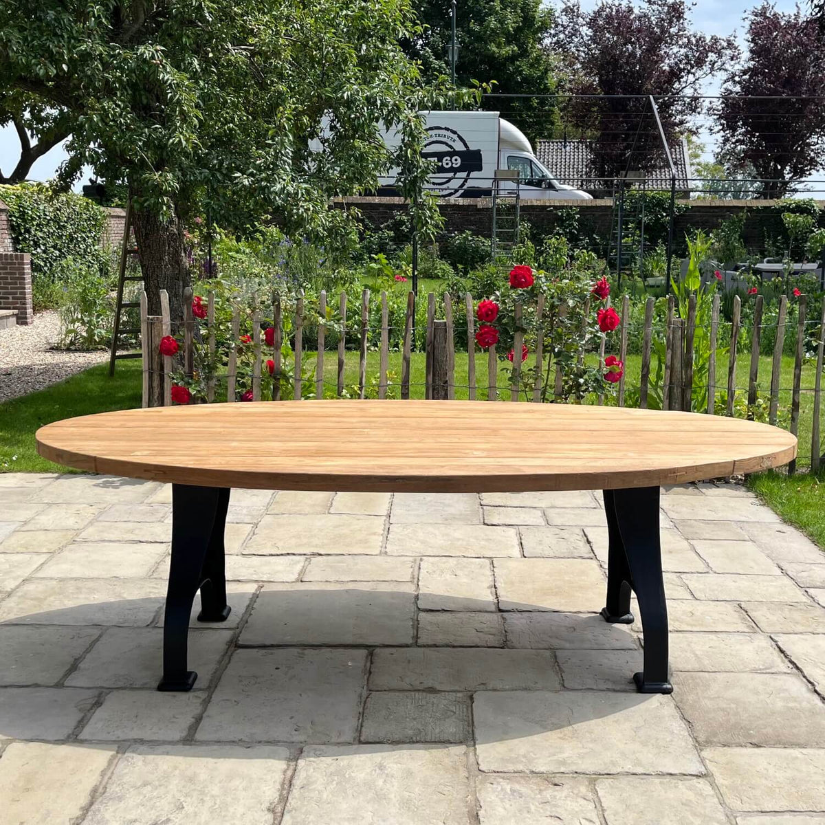 Industrial design teak oval garden table with iron table legs – T15