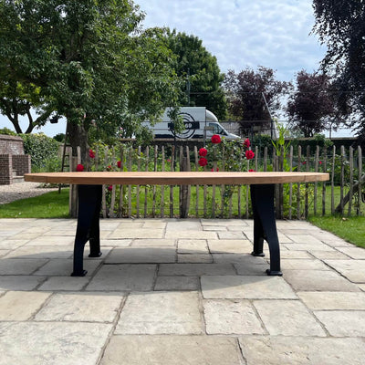 Industrial design teak oval garden table with iron table legs – T15