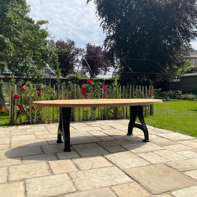 Industrial design teak oval garden table with iron table legs – T15