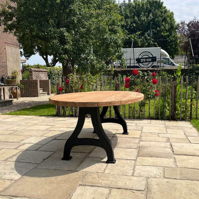 Industrial design teak oval garden table with iron table legs – T15
