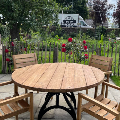 Round Industrial design teak garden table with iron table legs – T17