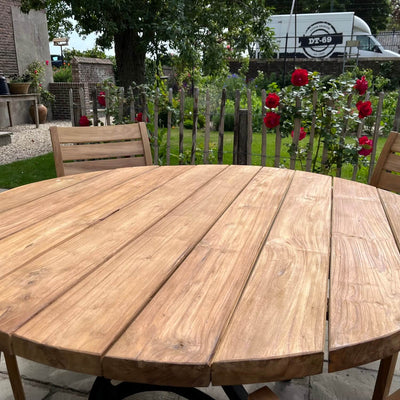 Round Industrial design teak garden table with iron table legs – T17