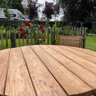 Round Industrial design teak garden table with iron table legs – T17