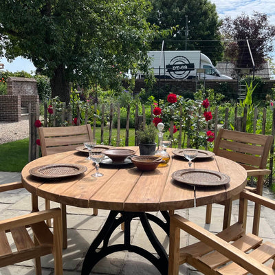 Round Industrial design teak garden table with iron table legs – T17