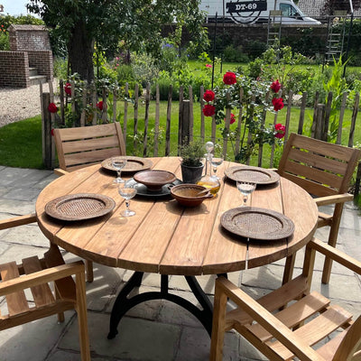 Round Industrial design teak garden table with iron table legs – T17