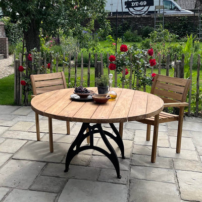 Round Industrial design teak garden table with iron table legs – T17