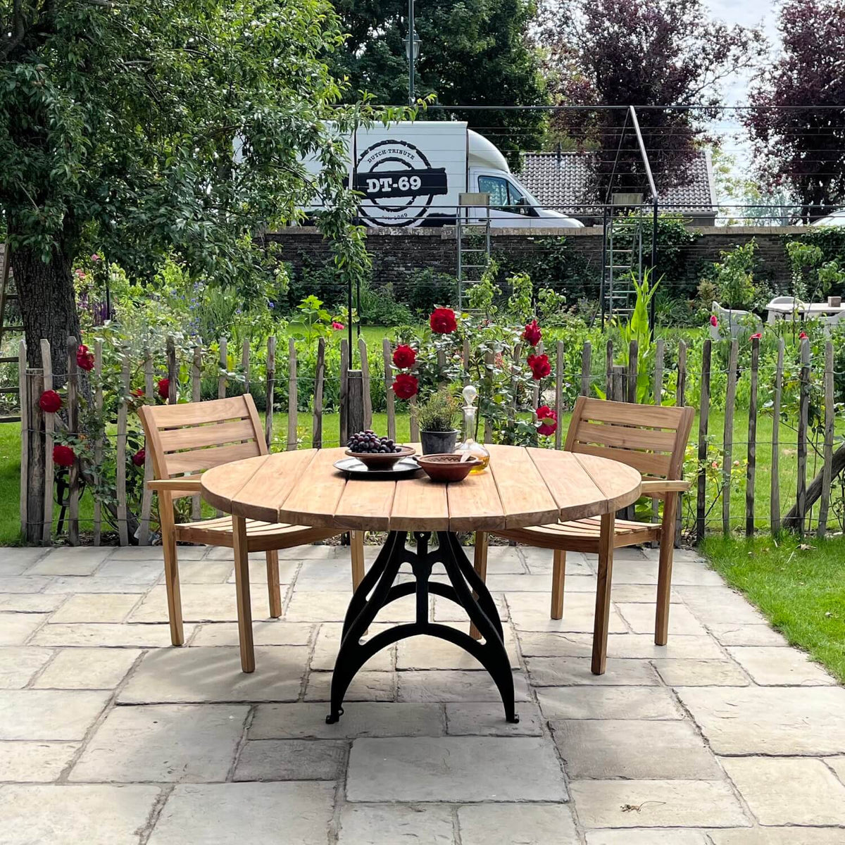 Round Industrial design teak garden table with iron table legs – T17