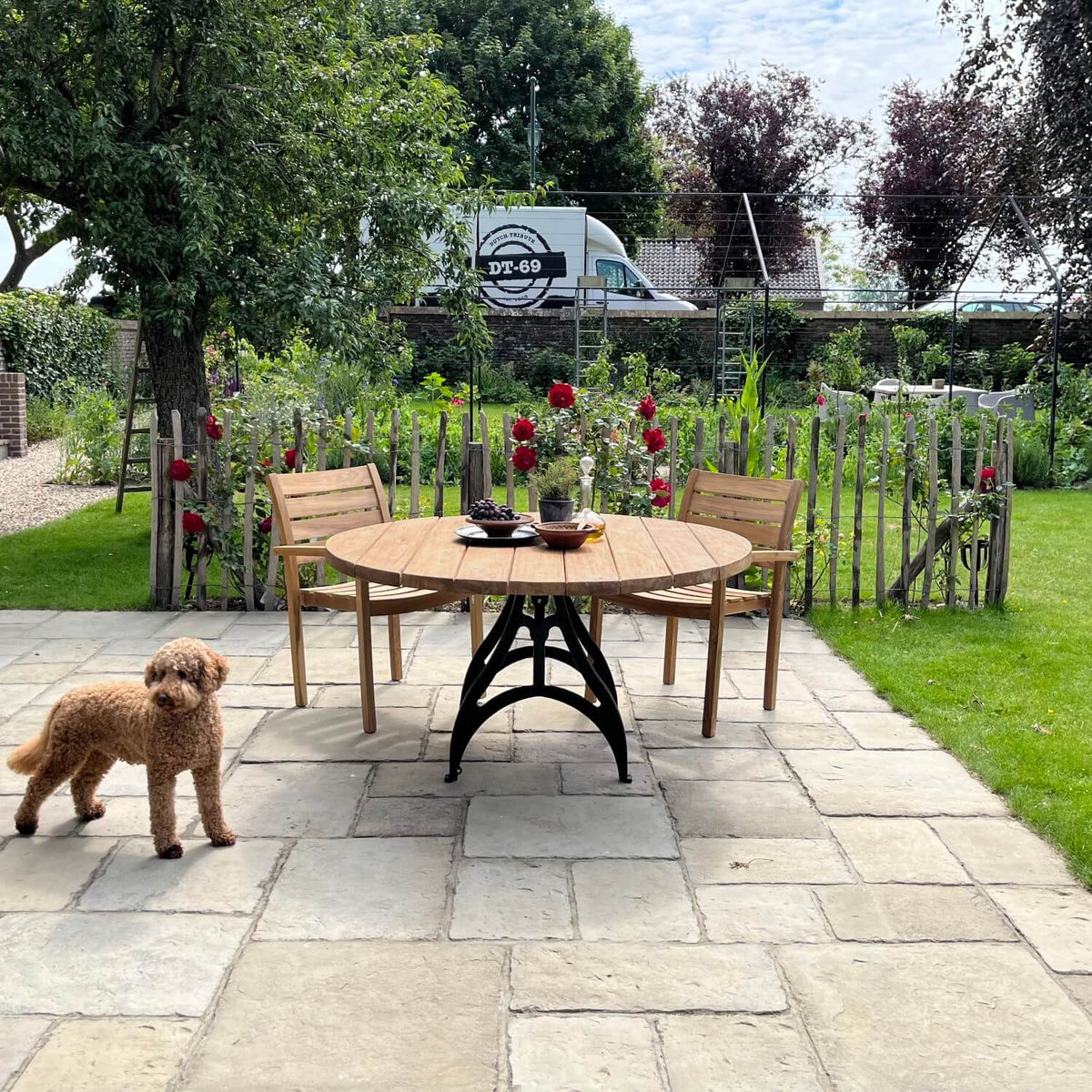 Round Industrial design teak garden table with iron table legs – T17