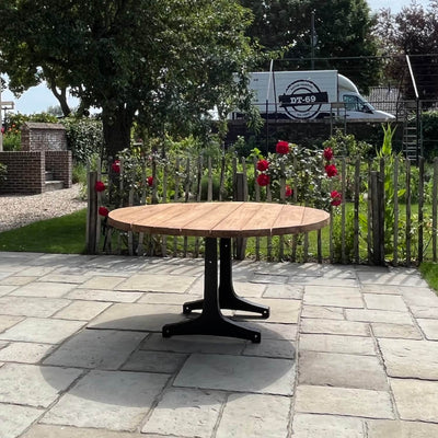 Round Industrial design teak garden table with iron table legs – T18