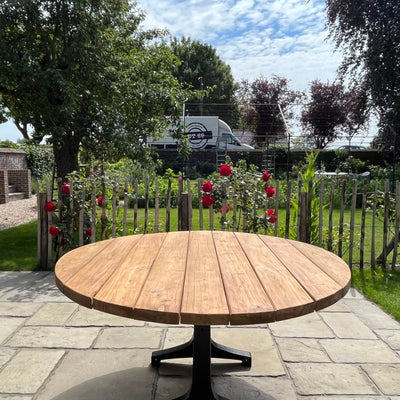 Round Industrial design teak garden table with iron table legs – T18