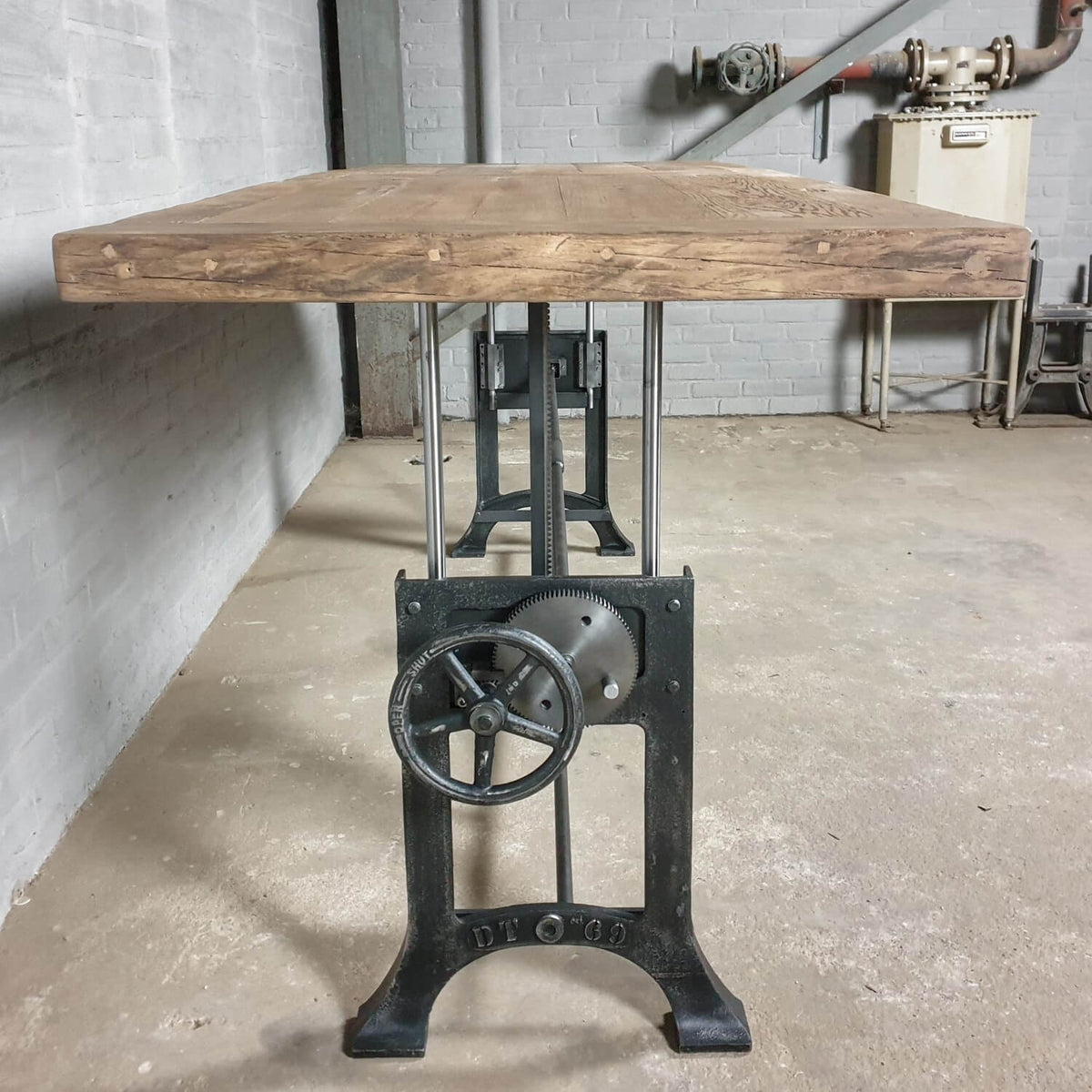 In height adjustable oak dining table – industrial design – IND736