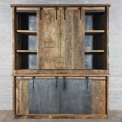 Industrial cupboard in reclaimed oak with steel sliding doors – D004