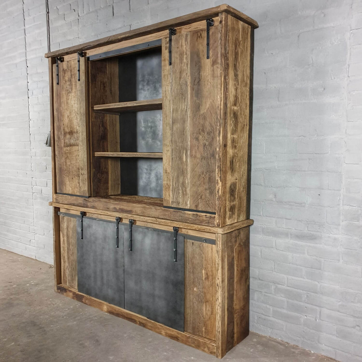 Industrial cupboard in reclaimed oak with steel sliding doors – D004