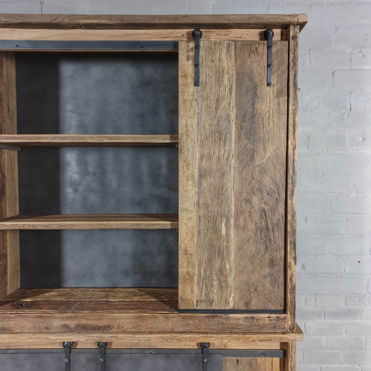 Industrial cupboard in reclaimed oak with steel sliding doors – D004
