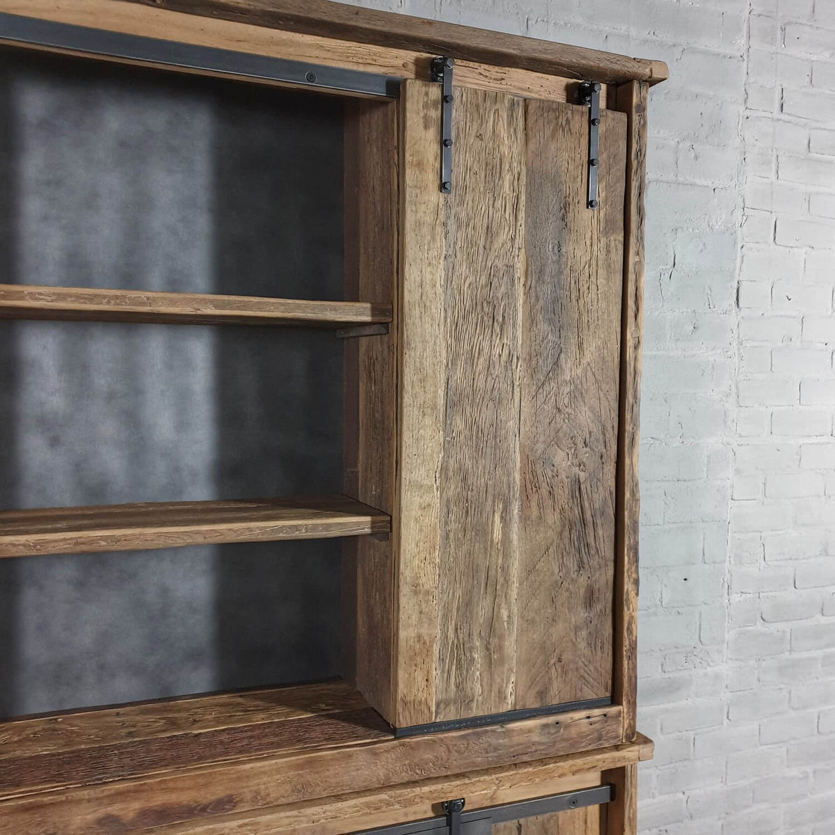Industrial cupboard in reclaimed oak with steel sliding doors – D004