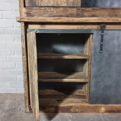Industrial cupboard in reclaimed oak with steel sliding doors – D004