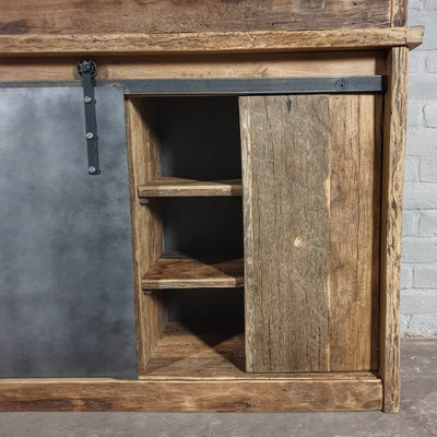 Industrial cupboard in reclaimed oak with steel sliding doors – D004