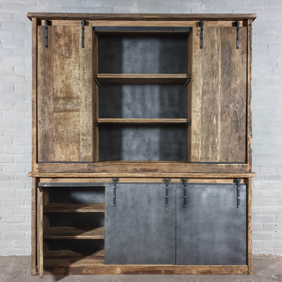 Industrial cupboard in reclaimed oak with steel sliding doors – D004
